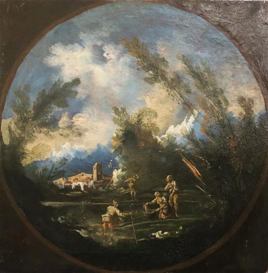 Follower of Alessandro Magnasco (1667-1749) Figures in stormy landscapes 29 x 29in., unframed